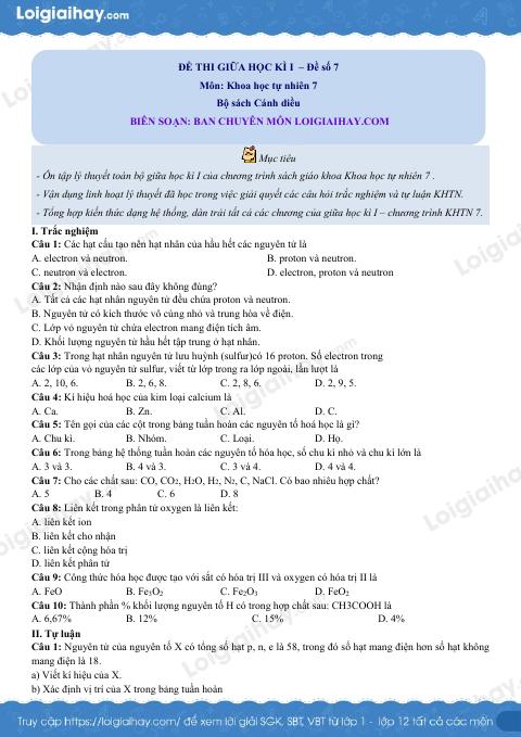 Đề thi giữa kì 1 KHTN 7 Cánh diều - Đề số 7